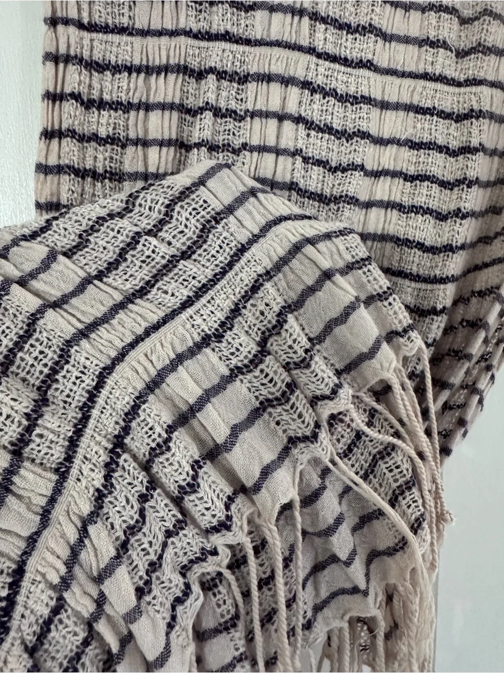 Cream and Navy Blue Striped Textured Women's Fringe Scarf